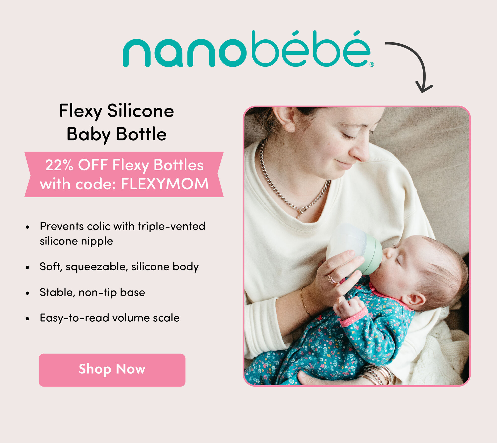 Flexy silicone baby bottle. 22% OF flexy bottles with code flexymom.